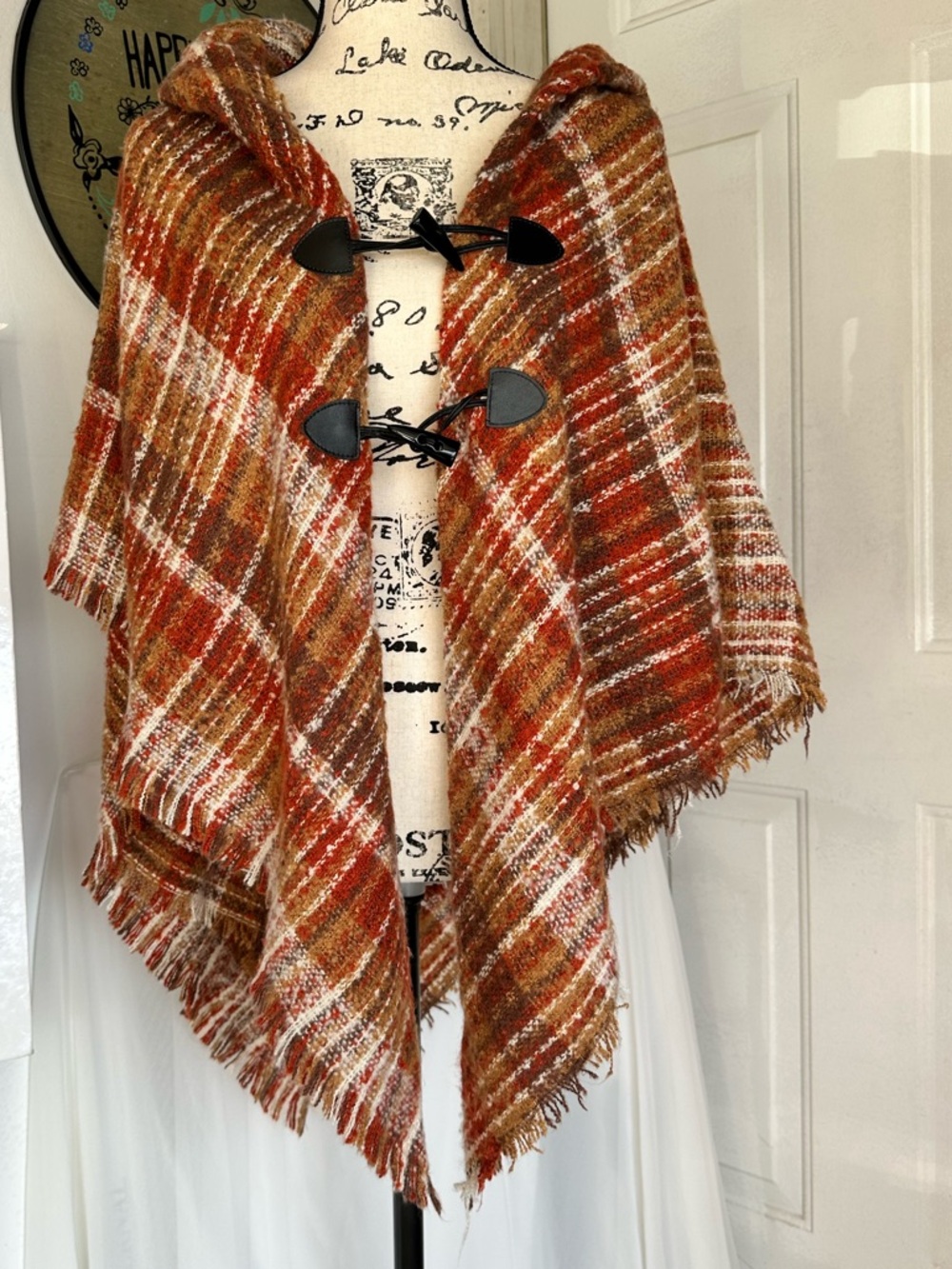 Cozy Plaid Hooded Poncho in Rust and Cream
